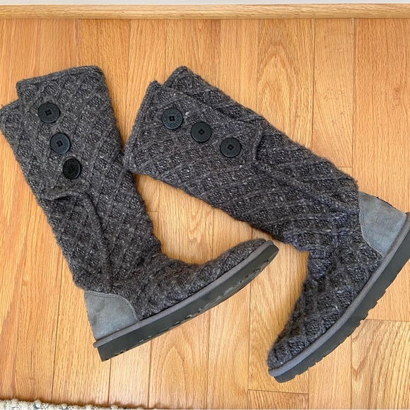 UGG Shoes - UGG Tall Fold Over Lattice Cardy Knit Button Boots Gray Women’s 8 Winter Warm